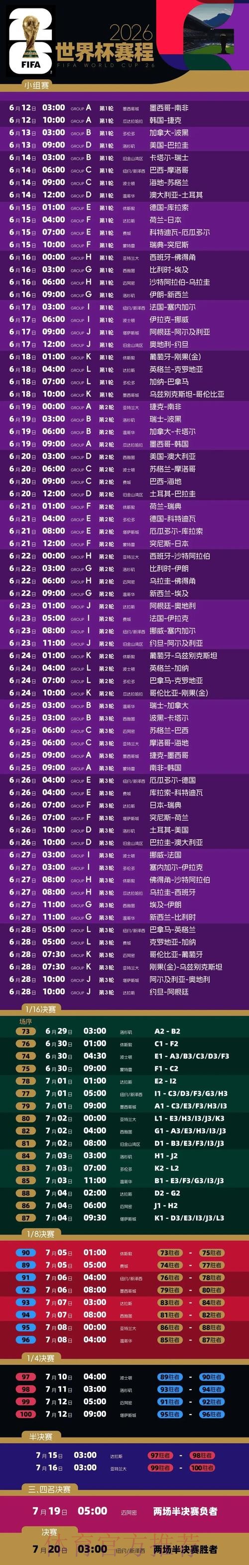 2026世界杯赛程最新比赛时间表免费观看